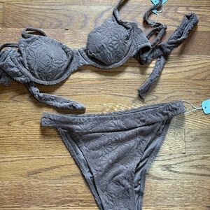 Flower Terry Brown Textured Bikini Set NWT